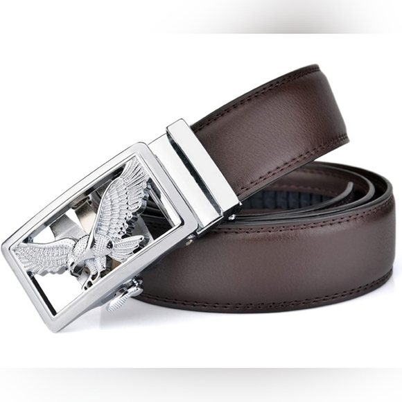 Men's NIP Brown Premium Silver Eagle Buckle Leather Belt Size 48in - Picture 1 of 8